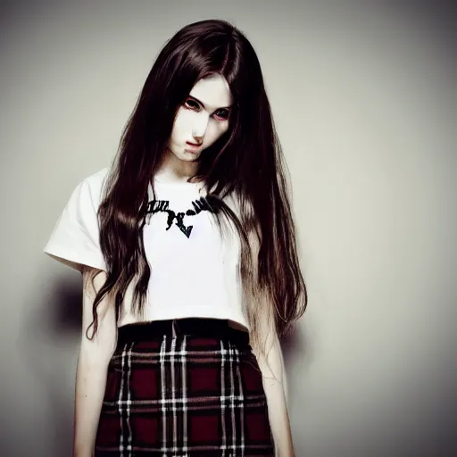 Prompt: female model teenage goth photography plaid mini skirt band shirt beautiful face, dramatic light darkroom