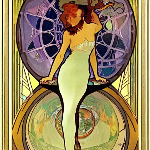 Image similar to a woman floating in a glowing cylinder in a science fiction laboratory by Alphonse Mucha