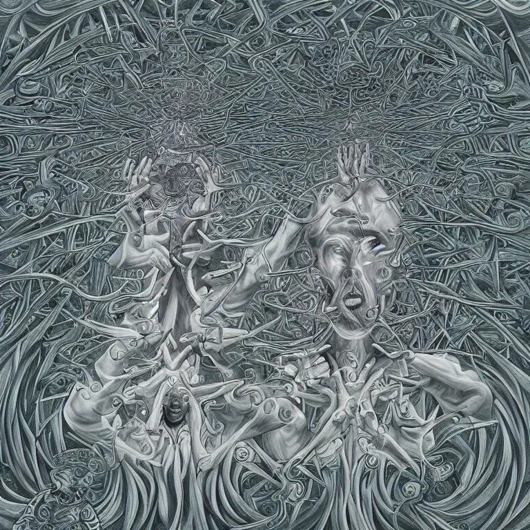 Image similar to experision of mind-matter interaction through death by Alex Grey and M. C. Escher collaboration, digital painting, Groundcore