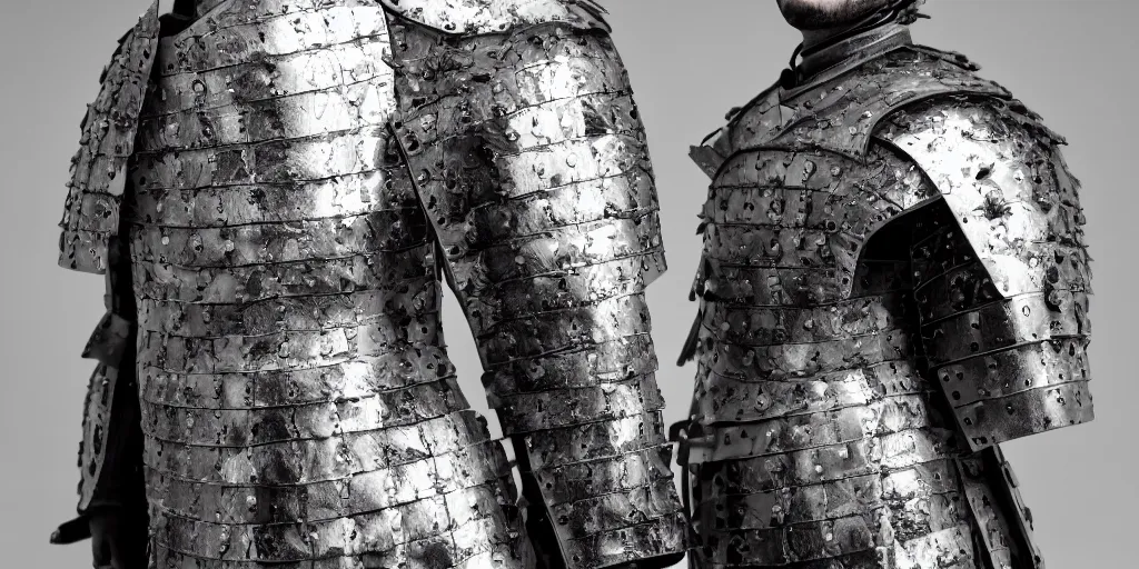 Image similar to an editorial photo of a designer fashion jacket slightly inspired by medieval armour designed by kanye, studio lighting, sigma 50mm, ƒ/8