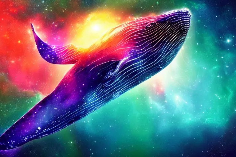 Image similar to a humpback whale made of a cosmic map swimming through a colorful space nebula with a black hole, event horizon, digital art, photorealistic