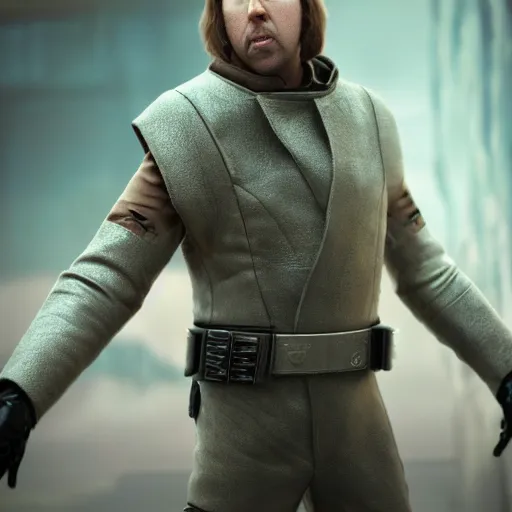 Image similar to nicolas cage in a star wars movie (original trilogy), octane render, highly detailed digital art, digital photography, concept art, unreal engine, 4k, 8k, ultra HD, fun, laughs, dark humour