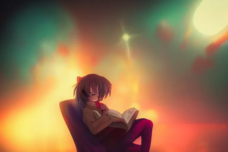 Image similar to an anime wizard reading a book, misty, glows, digital art, hazy, foggy, ambient lighting, 8 k, neon, synthwave,