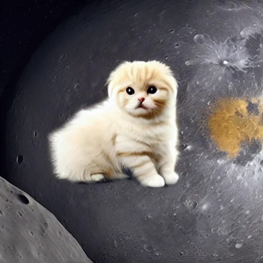 Prompt: cute little golden eyed scottish fold on the moon, realistic