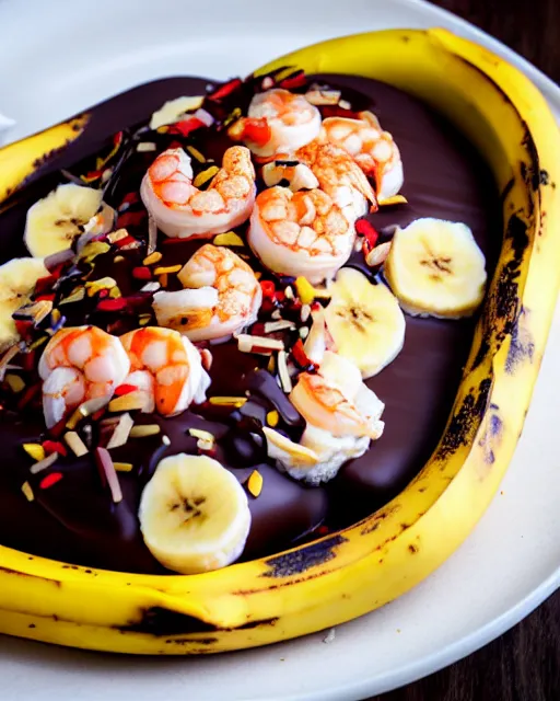 Prompt: dslr food photograph of an ice cream banana split with shrimps on top. chocolate sauce, shrimp, banana. 8 5 mm f 1. 4