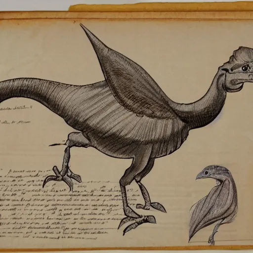 Image similar to vintage parchment with a sketch of a feathered dinosaur with full descriptions, 8K, HD, highly detailed, high quality