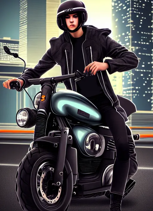 Image similar to photo of cyberpunk male teenager riding on a motorcyle in the style of stefan kostic, realistic, sharp focus, 8 k high definition, insanely detailed, intricate, elegant, art by stanley lau and artgerm