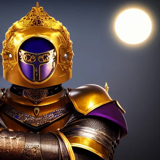 Image similar to a highly detailed knight with glowing purple eyes in a T golden helmet and a golden crown with a blue diamond in the center, golden armor, leather clothes under the armor, leather gloves, holds a black sword, artstation, DeviantArt, professional, octane render, sunset lighting