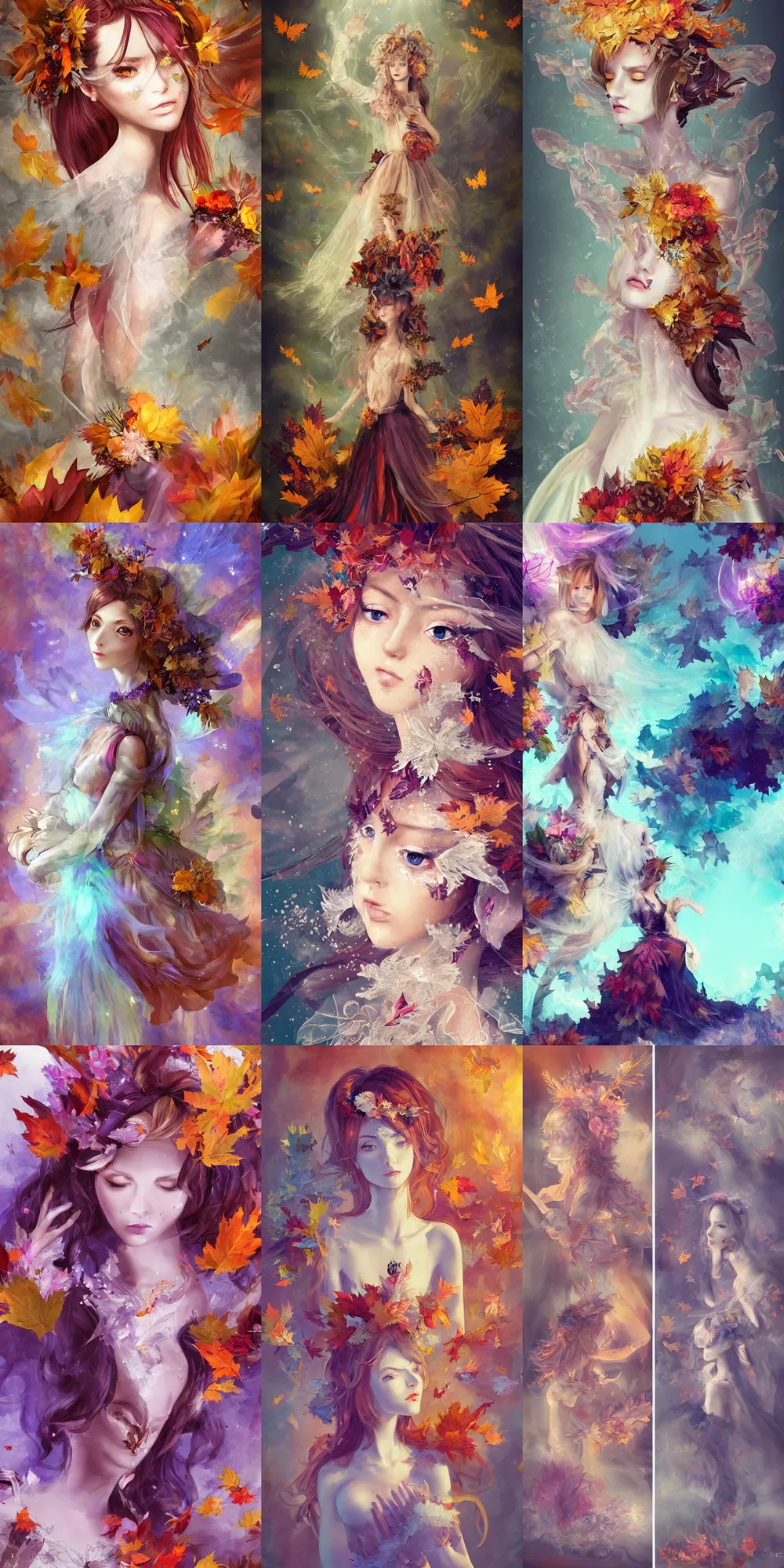 Prompt: Painterly character concept and fashion spot illustrations of a Final Fantasy and Halloween and Rococo-themed wedding, vibrant autumn colors, autumn leaves, monarch butterflies, full-body, dynamic poses, diaphanous translucent iridescent silks, bloom, god rays, cinematic lighting, rim light, glittery glowing dust, intricate crystalline and feather jewelry, volumetric fog, refractive and reflective sheen, subsurface scattering, ornate, filigree, arcane, by Alphonse Mucha, by Bouguereau, by Rubens, by Luis Ricardo Falero, fantasy, portfolio illustration, highly detailed, trending on Artstation, CGsociety, rendered in Octane, rendered in Arnold, HQ, 8k, 35mm lens, f2.8, Bokeh,