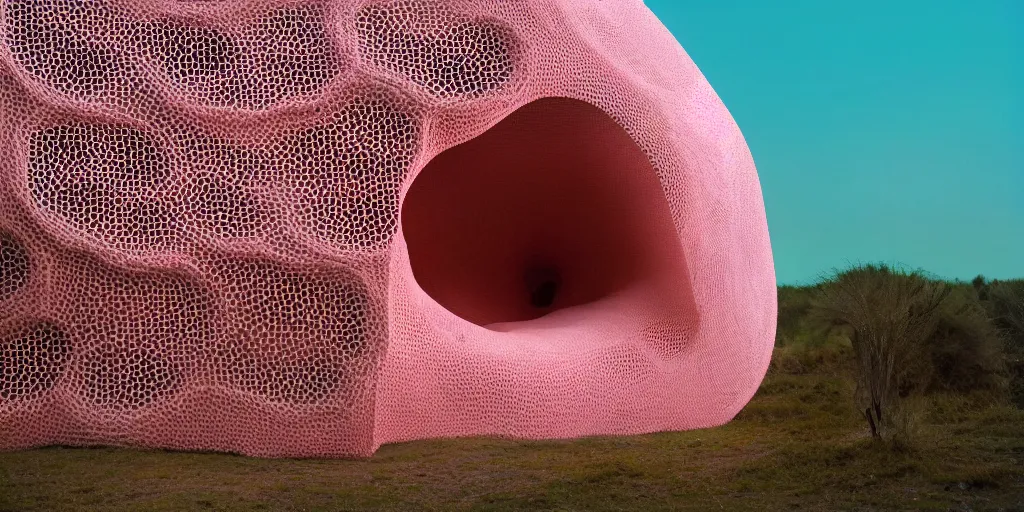 Image similar to biomorphic honeycomb building structure by ernesto neto, light - mint with light - pink color, 4 k, insanely quality, highly detailed, film still from the movie directed by denis villeneuve with art direction by zdzisław beksinski, telephoto lens, shallow depth of field