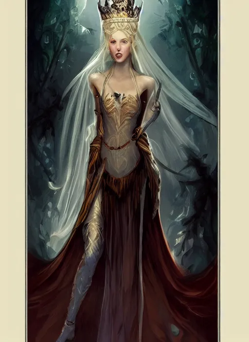 Image similar to tarot!!, fairy queen, fantasy medieval, no noise, elegant, concept art, sharp focus, beautiful face!!, digital art, smooth defined outlines!!, by Brom, trending on Artstation, Tom Bagshaw, Sargent