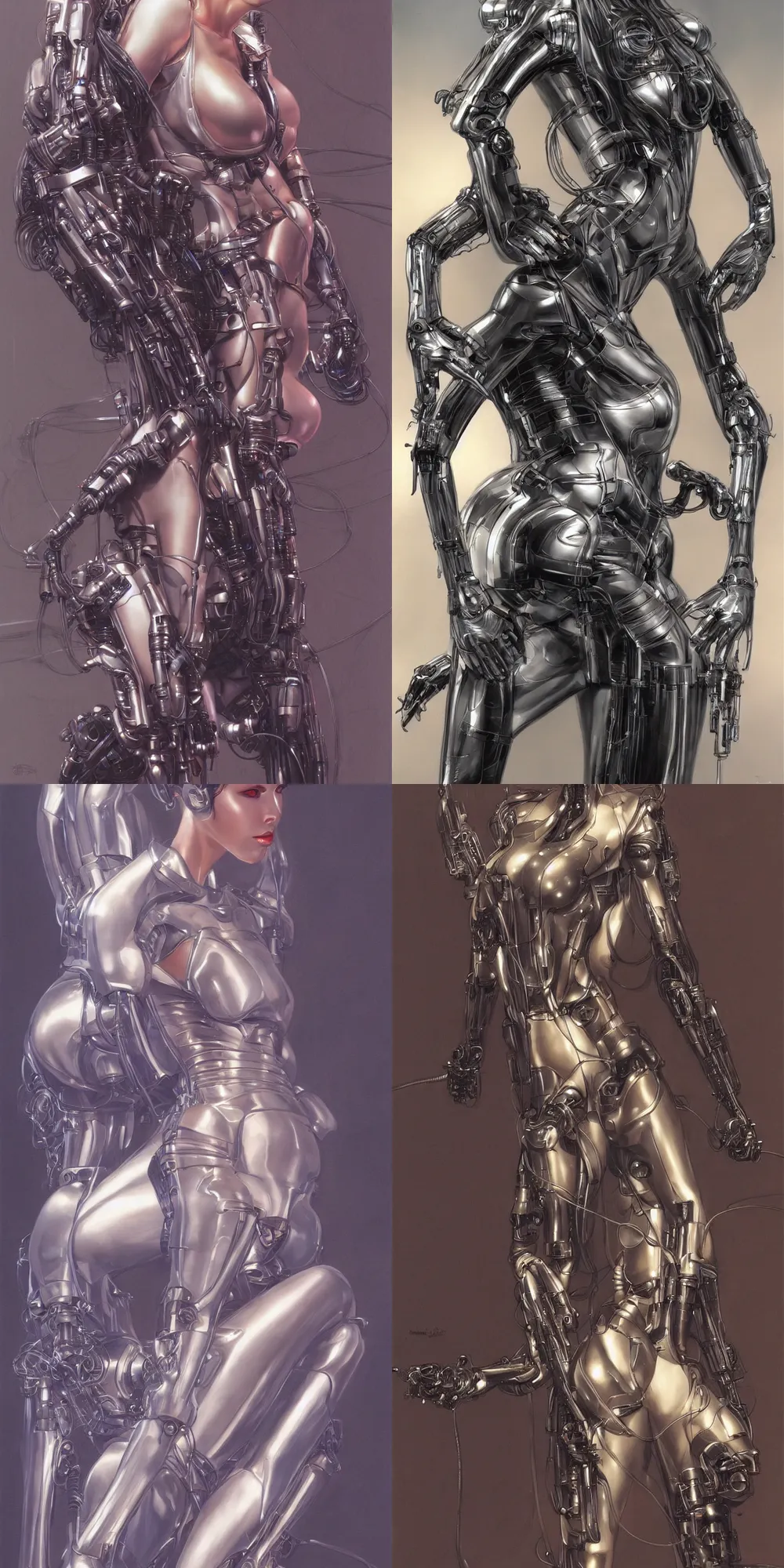 Prompt: beauty Blade Runner woman, futuristic mechanical, cyberpunk, lots of cables and wiring, electrical details, trending on artstation, by Hajime Sorayama and Boris Vallejo