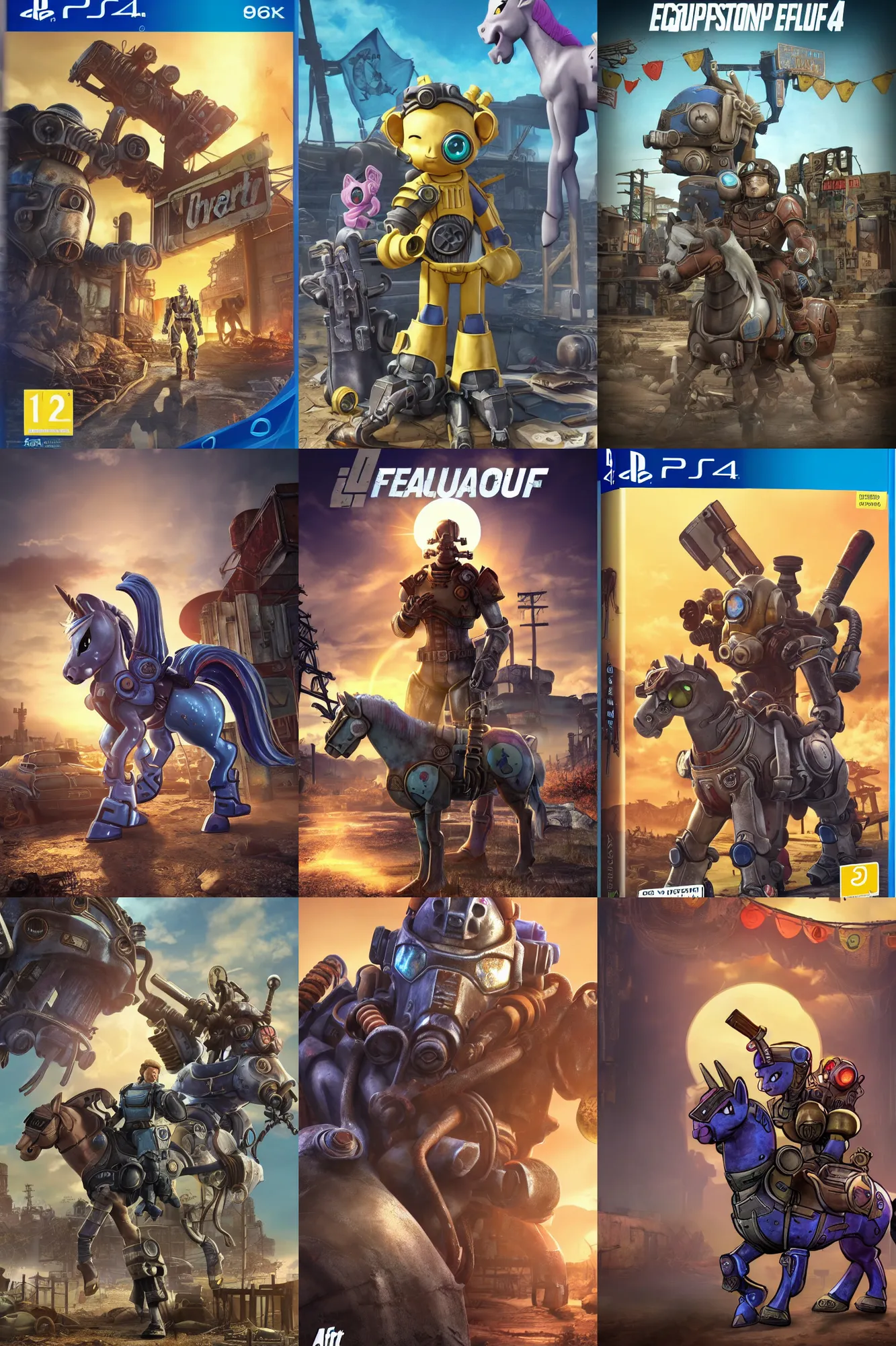 Prompt: ps 4 game box front cover for fallout : equestria | trending on artstation, 8 k, my little pony : friendship is magic, fallout, crossover | fallout 4 ps 4 cover art but with a pony in power armor looking at the viewer | mlp, pony, horse, quadrupedal