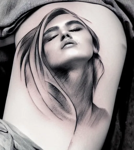 Image similar to tattoo design sketch of an extremely beautiful woman face next to a faded background of beautiful mountains on her side, hyper - realistic, double exposure effect, in the style of matteo pasqualin, amazing detail, black and white, faded