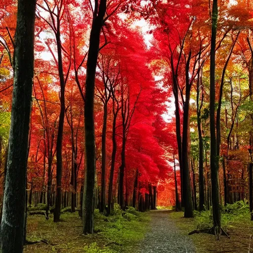 Prompt: a forest with back trees that have vibrant red leaves