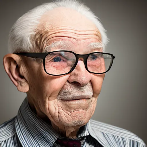 Prompt: a 99 year old man from New York, no beard, square rimmed glasses, cream button up shirt. Medium shot, mid-shot,