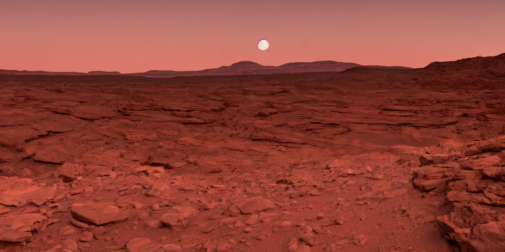 Image similar to a view looking out of a cave of a dried up river bend running through a canyon surrounded by desert mountains at sunset on mars, purple sky, two moons, planet mars, moab, utah, a tilt shift photo by frederic church, trending on unsplash, hudson river school, photo taken with provia, national geographic photo