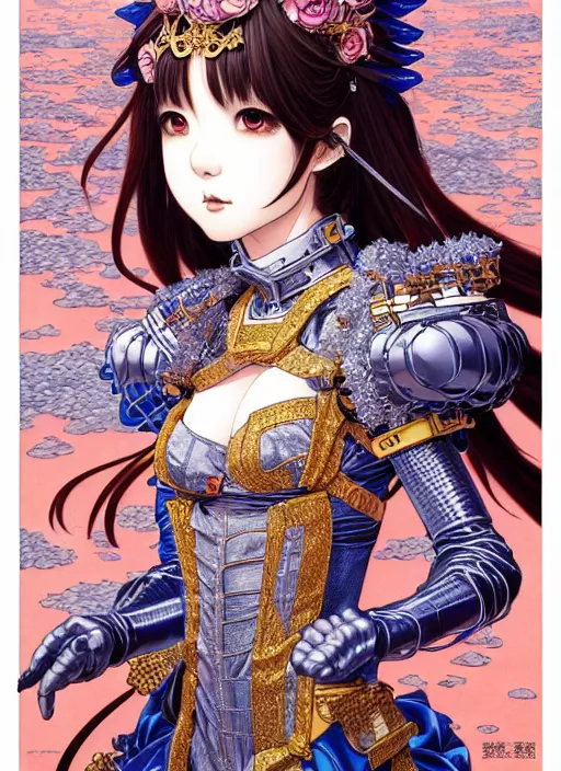 Image similar to highly detailed artgerm artstation minaba hideo fantastic fate katsuhiro otomo manga poster of dressed princess mechine, minaba hideo, long hair, armor, laces, ruffles, 8 k, fluorescent, maximalist, jump comics, art nouveau, takato yamamoto