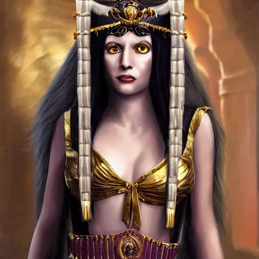 Image similar to long haired fluffy anthromorphic cat dressed in cleopatra costume detailed matte painting in the style of johannes voss