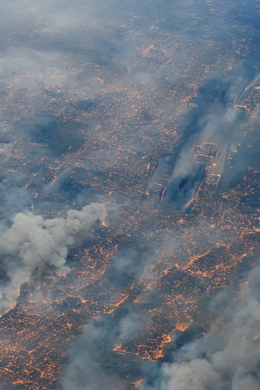 Prompt: inside airplane window view, aerial imagery, huge fire, very detailed, trending on artstation