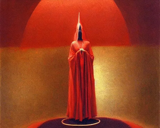 Image similar to devotion to the scarlet woman, priestess in a conical hat, coronation, ritual, sacrament, by francis bacon, beksinski, mystical redscale photography evocative, luxury, opulence.