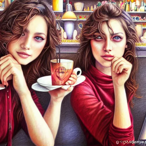 Image similar to French sisters in a café posing for the camera. insanely and epically detailed supreme-quality color pencil artwork, amazingly composed image, epic pencil illustration by Artgerm and Stanley Law.