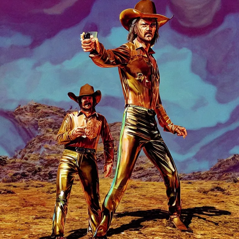 Image similar to 1 9 7 0's spaghetti western film octane render portrait by wayne barlow and carlo crivelli and glenn fabry, a person wearing a shiny colorful iridescent full - body latex suit and cowboy hat covered in colorful slime, standing in a scenic western landscape, cinema 4 d, ray traced lighting, very short depth of field, bokeh