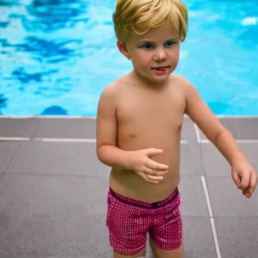Prompt: blond boy in shorts at a swimming pool. photo.