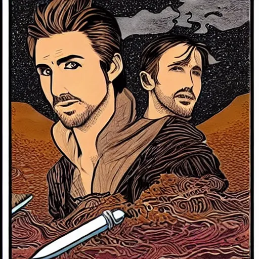 Image similar to pen and ink!!!! attractive 22 year old geotic George Harrison x Ryan Gosling golden!!!! Vagabond!!!! Dune floating magic swordsman!!!! glides through a beautiful!!!!!!! battlefield magic the gathering dramatic esoteric!!!!!! pen and ink!!!!! illustrated in high detail!!!!!!!! by Moebius and Hiroya Oku!!!!!!!!! graphic novel published on Cartoon Network MTG!!! 2049 award winning!!!! full body portrait!!!!! action exposition manga panel