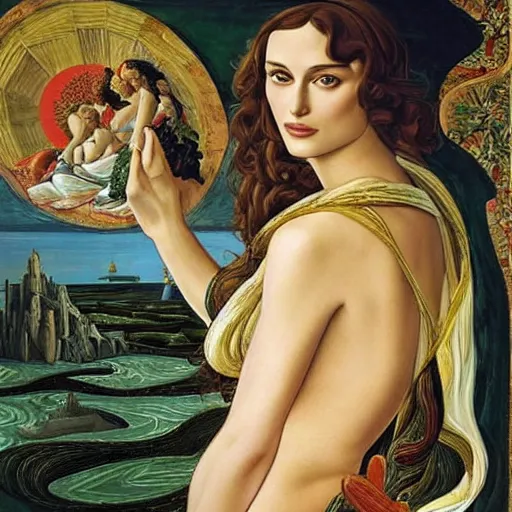 Prompt: Portrait of Keira Knightley as Venus in the painting The Birth of Venus, by the Italian artist Sandro Botticelli, Tempera on canvas