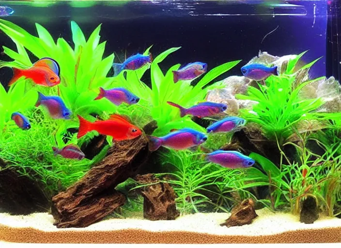 Prompt: neon tetras in my new planted tank