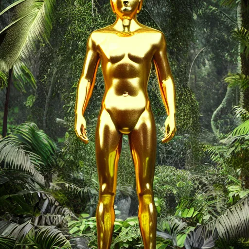 Prompt: a human sculpture made out of shiny gold, blurry jungle background, 8 k, octane render, cinematic lighting, epic shot, photorealistic