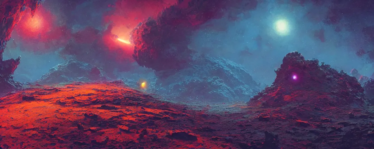 Prompt: ” barren asteroid, [ cinematic, detailed, epic, widescreen, opening, establishing, mattepainting, photorealistic, realistic textures, octane render, art by paul lehr ] ”