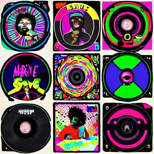 Prompt: svg sticker of a Dancing-Ben-Harper-Snoop-Spike-Lee-with-a-large-Afro-Puff, at a rave, spinning records, giant headphones rocking out, wearing headphones, huge speakers, dancing, rave, DJ, spinning records, digital art, amazing composition, rule-of-thirds, award-winning, trending on artstation, featured on deviantart