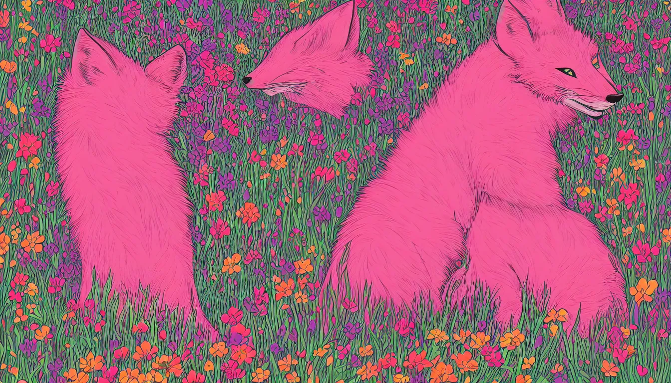 Image similar to pink fox head popping out of a field of multi colored flowers by Kilian Eng