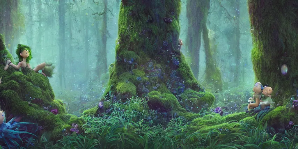 Prompt: a surreal bioluminescent, very very very cute hairy mossy forest troll in a happy forest world by daniel merriam, trending on artstation, oil on canvas by elena zhurikhina and goro fujita and charlie bowater, octane render, 4 k, 8 k, hd