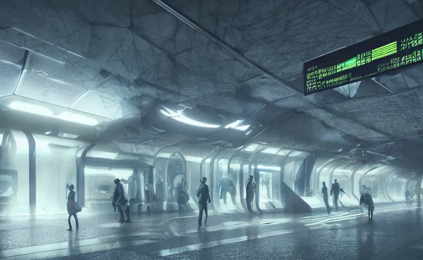 Image similar to Futuristic cyber subway station , gloomy and foggy atmosphere, octane render, artstation trending, horror scene, highly detailded