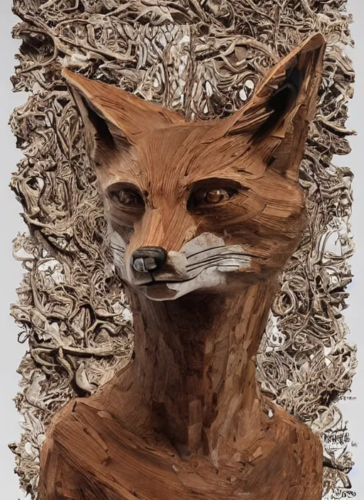 Image similar to sculpture of fox made of wood, portrait, female, future, wood, tree, harper's bazaar, vogue, magazine, insanely detailed and intricate, concept art, close up, ornate, luxury, elite, elegant, trending on artstation, by ruan jia, by Kenneth Willardt, by ross tran, by WLOP, by Andrei Riabovitchev,