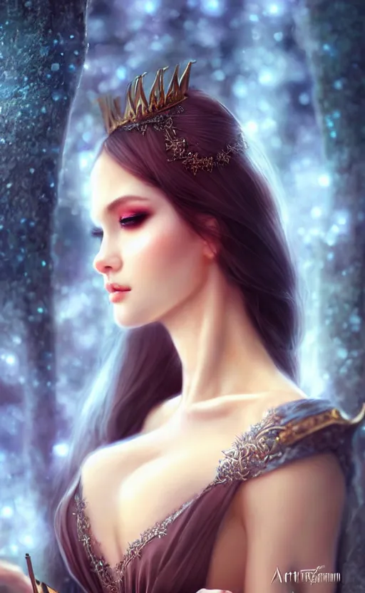 Image similar to a fantasy photo of gorgeous russian female, evening gown, bokeh, medium shot, beautiful face, professionally retouched, soft lighting, realistic, smooth face, perfect eyes, sharp focus, 8 k realistic high definition, insanely detailed, intricate, elegant, art by artgerm and kyoung hwan kim