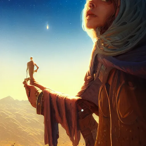 Image similar to highly detailed portrait of desert mage, stephen bliss, unreal engine, fantasy art by greg rutkowski, loish, rhads, ferdinand knab, makoto shinkai and lois van baarle, ilya kuvshinov, rossdraws, tom bagshaw, global illumination, radiant light, detailed and intricate environment