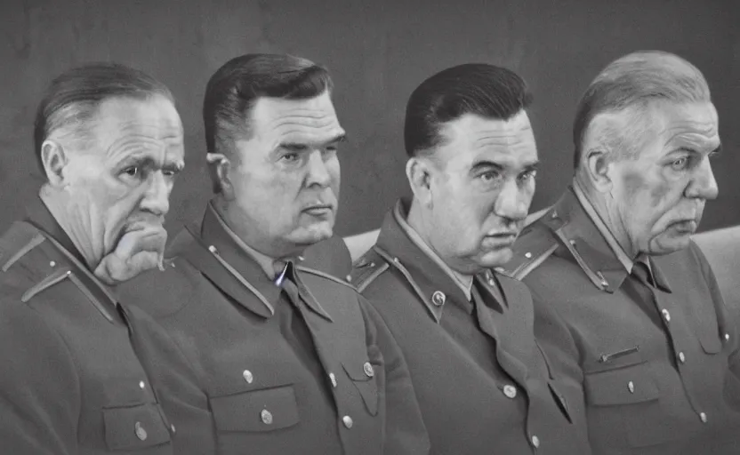 Prompt: 50s movie still close-up portrait of three individual elder soviet generals with very diverses faces in a stalinist hall, by David Bailey, Cinestill 800t 50mm black and white, heavy grainy picture, very detailed, high quality, 4k, HD criterion, precise texture, facial precision, diverse haircuts, diverse ages, each faces precisely define