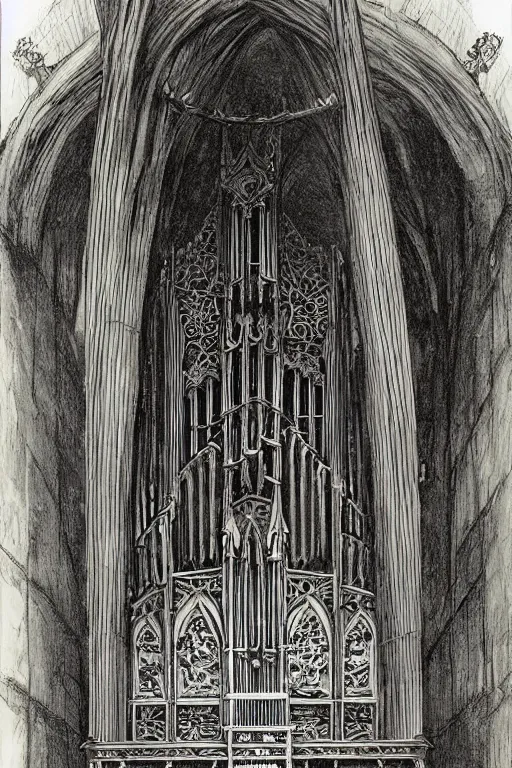 Image similar to a gothic pipe organ, graphic novel style by alan lee and john howe