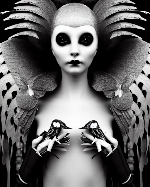 Image similar to surreal mythical dreamy dark artistic black and white fine art 3 / 4 fashion portrait photo of a young beautiful delicate female robot - witch - owl with orchid - doll face, rim light, cinematic, studio dramatic light, poetic, masterpiece, octane render, 8 k, photo - realistic by gustave dore hg giger