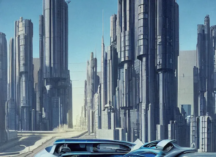 Prompt: a car!! driving down a street next to tall buildings, cyberpunk art by Chesley Bonestell, cgsociety, retrofuturism, matte painting, reimagined by industrial light and magic