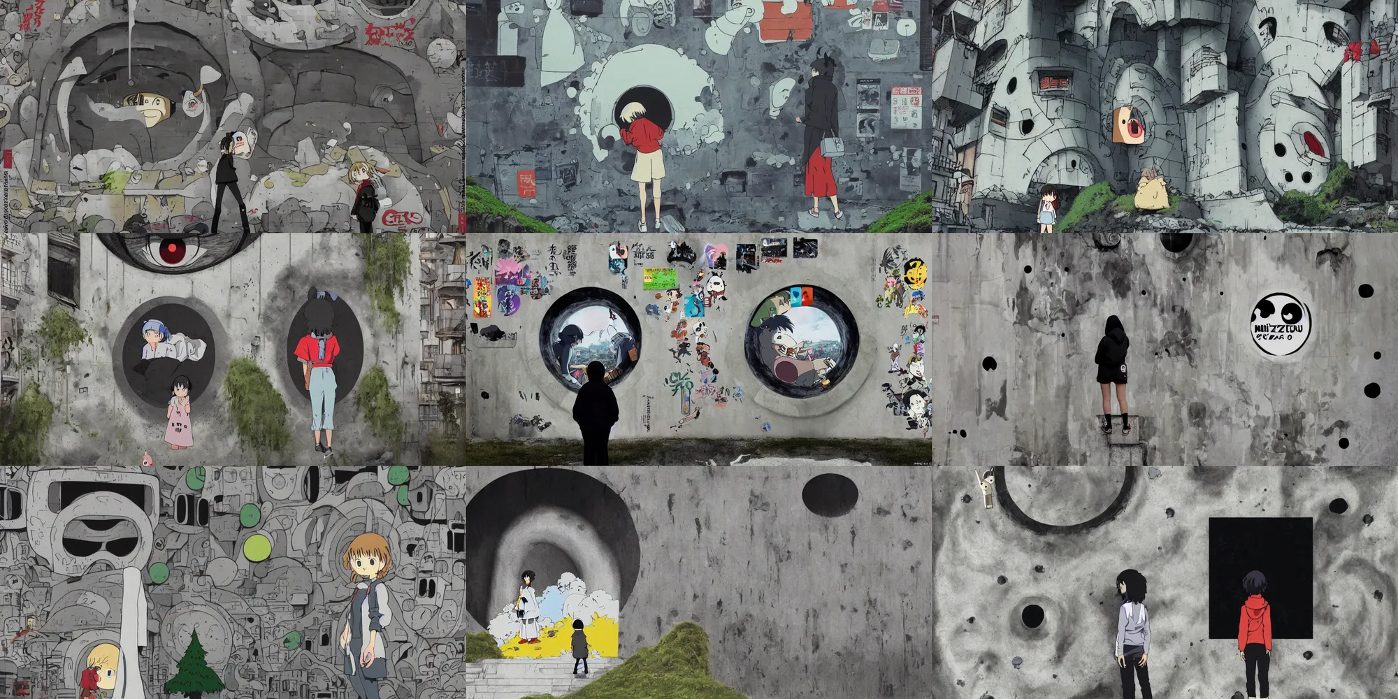 Prompt: ghibli miyazaki movie poster, ultra wide, brutalist, white hoodie girl outside a large hole in the side of a concrete wall, huge black circle, huge black round hole, black depths, posters, notices, graffiti, stickers, junk, moss