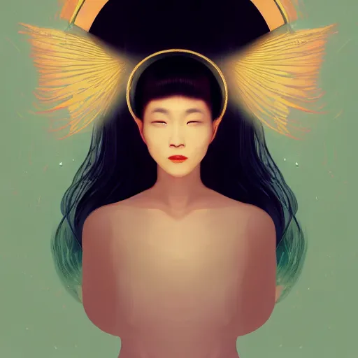 Prompt: a portrait of a very beautiful goddess with halo behind her head, looking in front, in the style of WLOP and Hsiao-Ron Cheng and Ross Tran