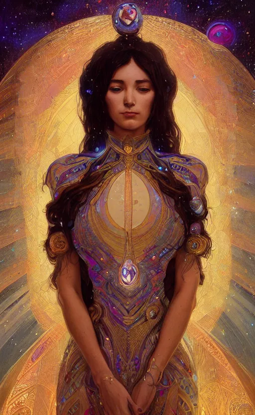 Image similar to portrait of a cosmic goddess, suit made out of stars and galaxies and cosmic energy, intricate, headshot, highly detailed, digital painting, artstation, concept art, sharp focus, cinematic lighting, illustration, art by artgerm and greg rutkowski, alphonse mucha, cgsociety