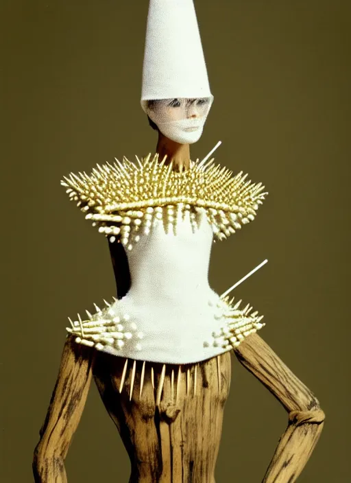 Prompt: realistic photo of a human model doll made of wood and covered with white dots, covered with brass spikes needles, with a birds beak instead of the nose, hat made of white cone, center straight composition, front view 2 0 0 0, life magazine photo, museum archival photo