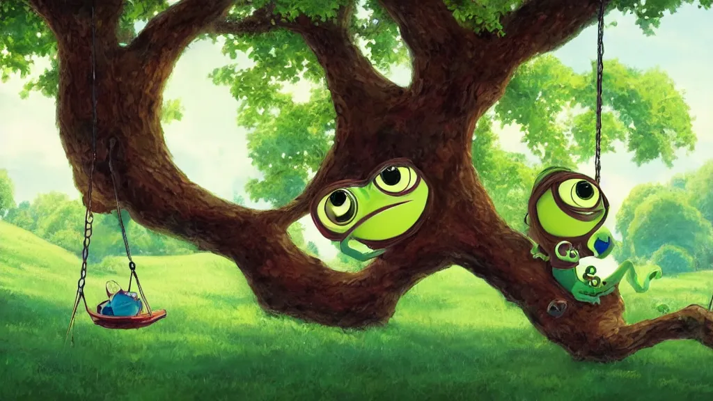 Prompt: mike wazowski sitting on a swing by a large oak tree, beautiful landscape, vivid colors, by robert kondo, concept art