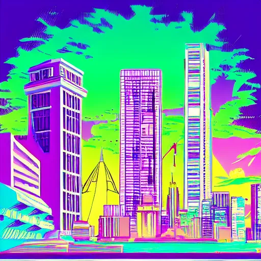 Image similar to city drawn in vaporwave art style